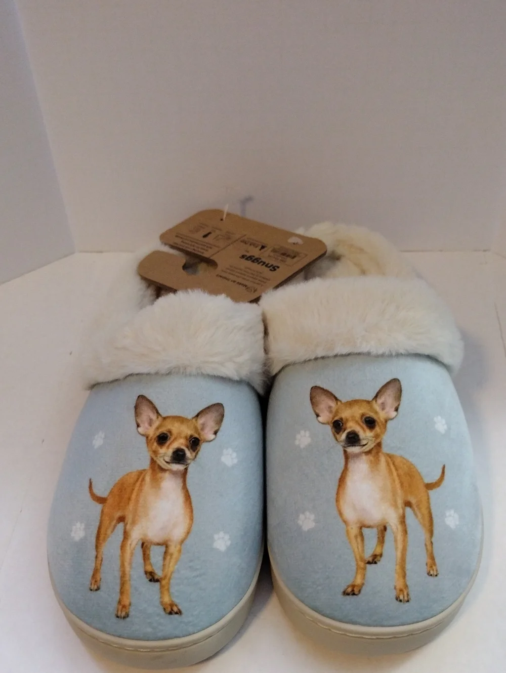 Snuggs Light Blue Chihuahua Print Plush Slippers